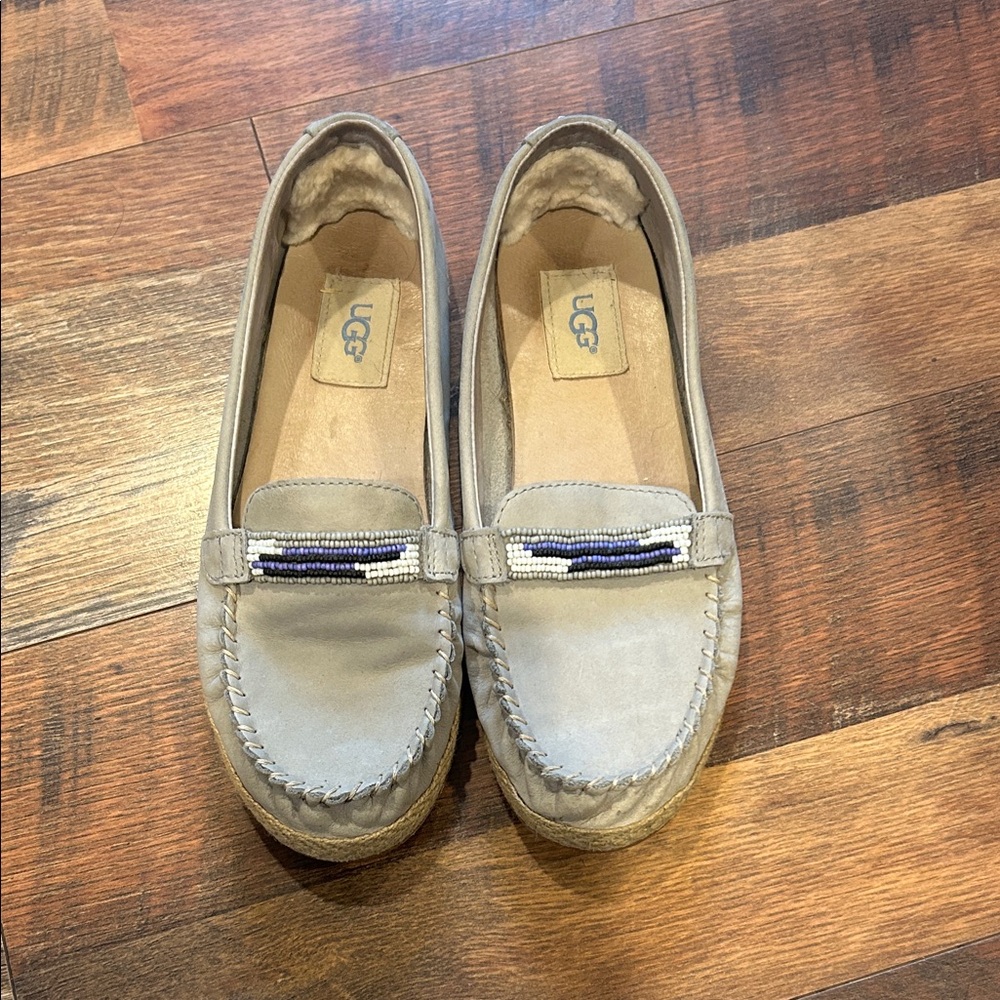 UGG women’s Tan Moccasins with Blue Accent